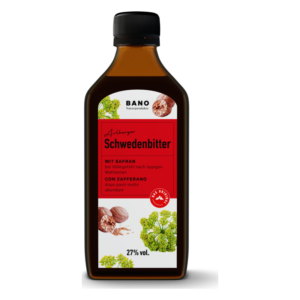 Flasche mit Schwedenbitter von BANO, hervorgehoben mit roter Etikettierung und Informationen zu Inhaltsstoffen und Verwendung.