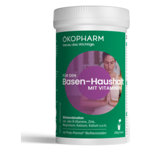 Weißer Behälter mit Schraubverschluss für basenhaltendes Pulver mit Vitaminen und Mineralstoffen,