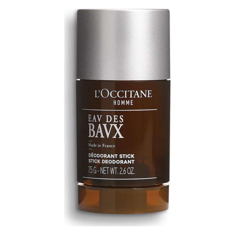 Deodorant-Stick in braunem Behälter mit silbernem Deckel, beschriftet mit 'EAV DES BAVX' von L'Occitane.