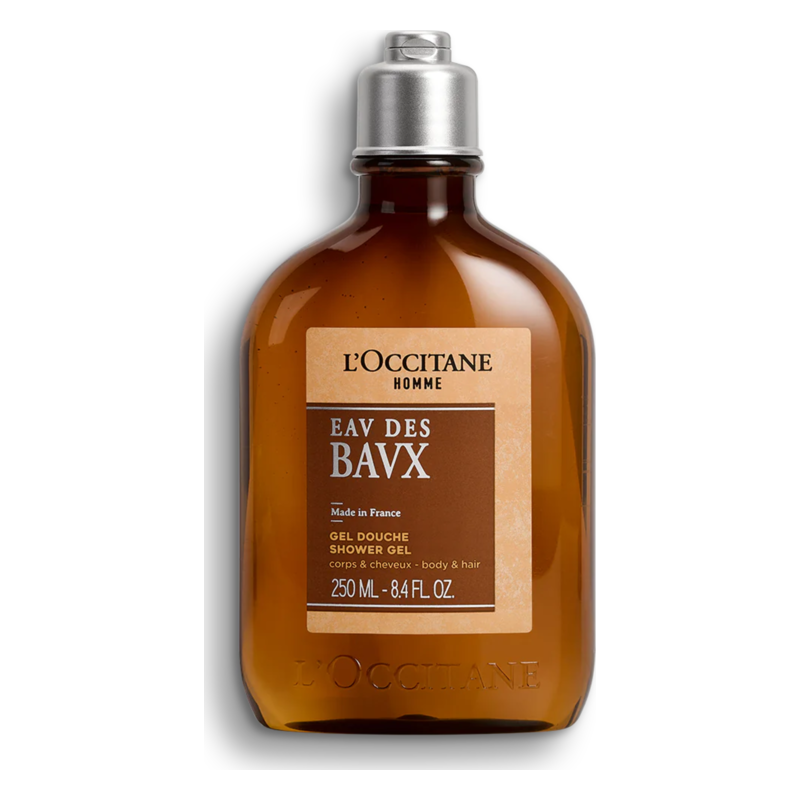 Braune Flasche mit silbernem Deckel, enthält Duschgel für Körper und Haare von L'Occitane.