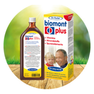 Flasche und Verpackung von Dr. Fischer biomont plus, mit Hinweisen zu Vitaminen und Mineralstoffen, auf grünem Hintergrund.