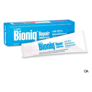 Bioniq Repair Zahnpasta in einer Tube mit blauer Verpackung, enthält 20% künstlichen Zahnschmelz.