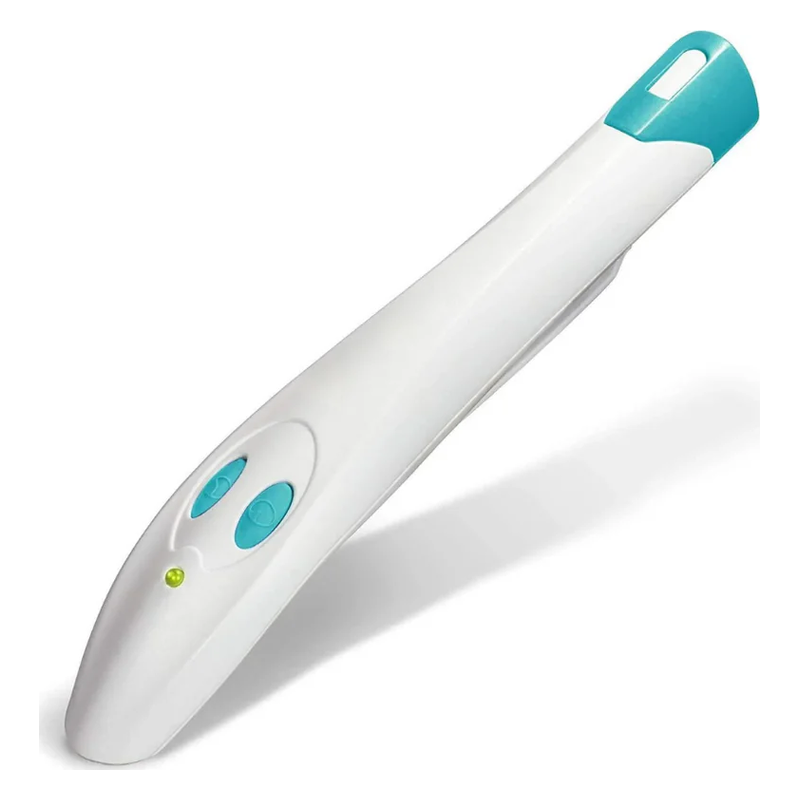 Ein weißer Scanner mit blauen Tasten und einer grünen LED-Anzeige.