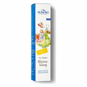 Verpackung eines Kräutertee-Konzentrats mit buntem, illustrativem Design und Informationen zu Vitamin C und Zink.
