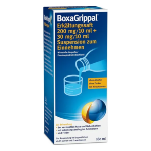Packung BoxaGrippal Erkältungssoff mit Abbildung eines Glases und einem angebotenen Getränk, 180 ml Inhalt, ohne Alkohol und Zucker.