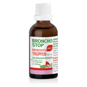 Braune Glasflasche mit weißem Verschluss, Etikett informiert über Bronchitis Tropfen mit pflanzlichen Wirkstoffen.