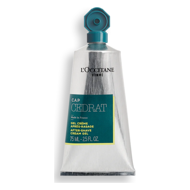 Tube mit After-Shave-Creme in silberner Verpackung und grünem Etikett von L'Occitane, mit blauer Verschlusskappe.
