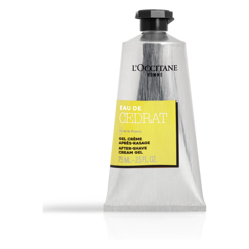 Tube mit silberner Verpackung und gelbem Etikett, enthält After-Shave Gel von L'Occitane.