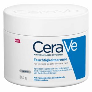 CeraVe Feuchtigkeitscreme in einer runden, weißen Dose mit blauer Beschriftung, für trockene Haut.