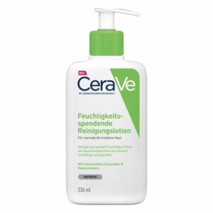 Flasche mit feuchtigkeitsspendender Reinigungsmilch von Cerave, parfümfrei, für normale bis trockene Haut.
