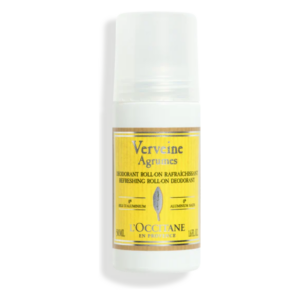 Roll-on Deo mit frischem Zitrusduft, Verpackung in weißem Kunststoff mit gelbem Etikett.