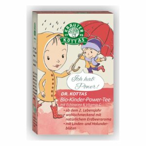 Paket des Bio-Kinder-Power-Tees mit fröhlichen Farbillustrationen von Kindern im Regen.