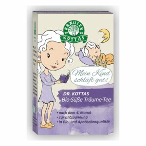 Verpackung für Bio-Süße Träume-Tee von Dr. Kottas mit geschäftigem Illustrationsmotiv eines Kindes und entspannender Nachtgestaltung.