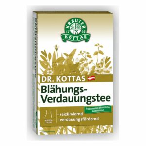 Verpackung des Blähungs- und Verdauungstees von Dr. Kottas mit Kräuterillustrationen und Anwendungshinweisen.