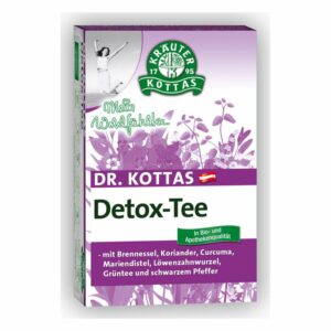 Verpackung von Dr. Kottas Detox-Tee in Bio- und Apothekenqualität, mit Kräutern wie Brennnessel und Curcuma.