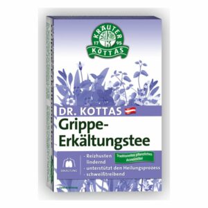 Verpackung des Dr. KOTTAS Grippe-Erkältungstees, blau mit Kräuterillustrationen und Beschreibung der Wirkungen.