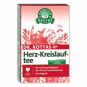 Packung des Dr. Kottas Herz-Kreislauf-Tees, rote Blumenillustrationen und beschreibende Texte auf weißem Hintergrund.
