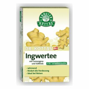 Verpackung von Dr. Kottas Ingwertee mit Lemongras und Süßholz, hellgrüner Hintergrund, feine grafische Ingwerillustrationen.