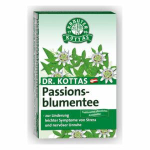 Verpackung des Passionsblumentees von Dr. Kottas mit grüner Schrift, Flowers und Informationen zur Anwendung.