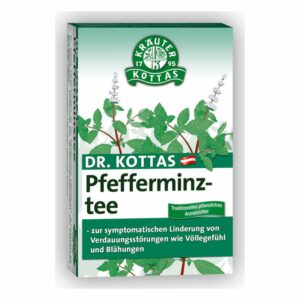 Verpackung von Dr. Kottas Pfefferminztee mit grünen Blättern und Beschreibung zur Linderung von Verdauungsstörungen.