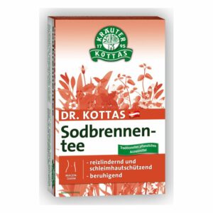 Verpackung von Dr. Kottas Sodbrennen-Tee mit pflanzlichen Inhaltsstoffen und beruhigenden Eigenschaften.