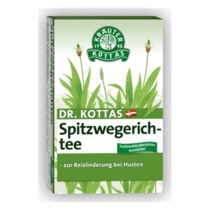 Verpackung von Dr. Kottas Spitzwegerichtee, traditionelle pflanzliche Arznei zur Linderung von Hustenreiz.