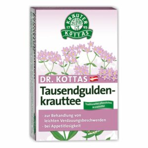 Verpackung von Dr. Kottas Tausendguldenkrauttee mit blühenden Pflanzenmotiven und Anwendungshinweisen für Verdauungsbeschwerden.