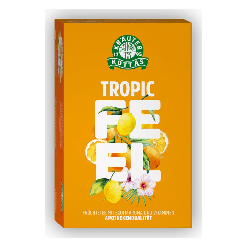 Verpackung für Früchtetee mit dem Namen "Tropic Feel", exotischen Früchten und botanischen Illustrationen auf orangefarbenem Hintergrund.