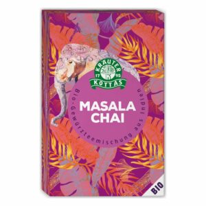 Verpackung für Bio-Masala Chai, mit buntem Elefantenmotiv und Pflanzenmustern in violett und orange.