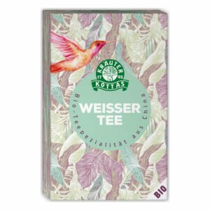 Verpackung von Kräuter Kottas weißem Bio-Tee mit einem bunten Vogel und Blättern auf dem Design.