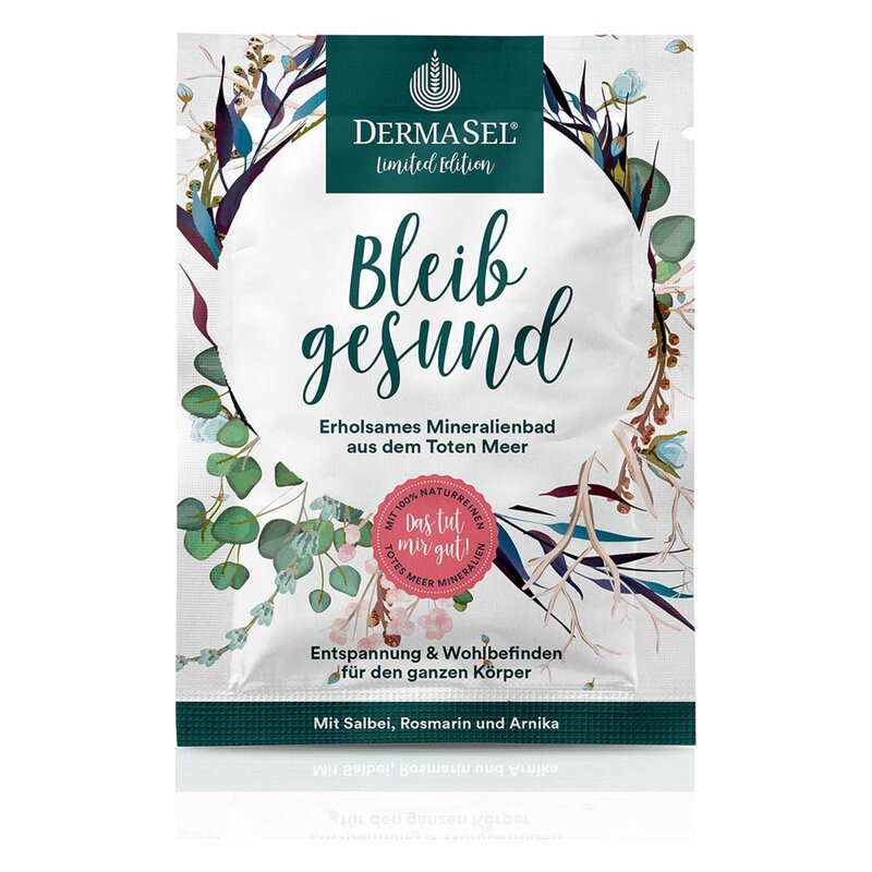Verpackung eines Mineralbades aus dem Toten Meer mit Kräutern, beschriftet mit "Bleib gesund", in einem natürlichen Design.