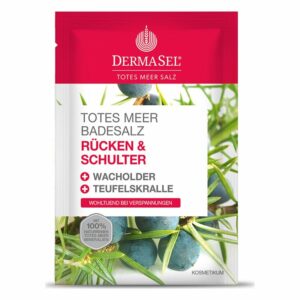 Verpackung von DermaSel Badesalz für Rücken und Schulter mit Wacholder und Teufelskralle, betont entspannende Eigenschaften. 