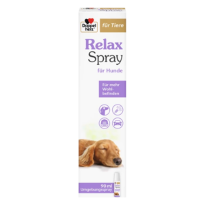 Verpackung eines Relax Sprays für Hunde, fördert das Wohlbefinden, in 90 ml Flasche, mit Hund auf der Vorderseite.