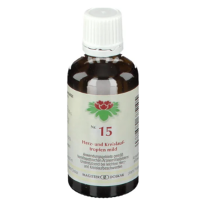 Braune Glasflasche mit Pipette, beschriftet mit "Nr. 15 Herz- und Kreislauftropfen mild".