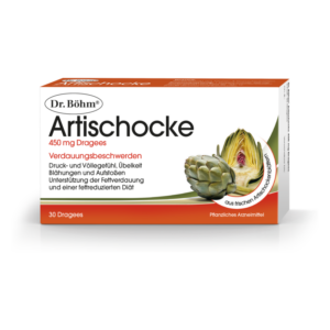 Verpackung von Dr. Böhm Artischocke Dragees zur Unterstützung bei Verdauungsbeschwerden, mit Abbildung einer Artischocke.