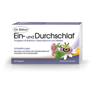 Packung mit Dragees für Schlafstörungen, enthält Baldrian, Passionsblume und Melisse in einer ansprechenden Gestaltung.