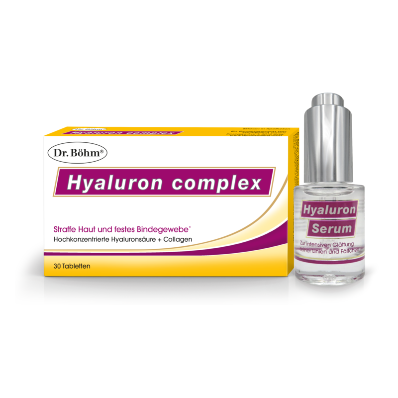 Verpackung von Dr. Böhm Hyaluron complex mit gelben Details und daneben eine Flasche Hyaluron Serum in transparentem Design.
