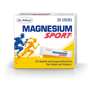 Verpackung von Dr. Böhm Magnesium Sport mit 20 Sticks, fokussiert auf Muskel- und Energiestoffwechsel.