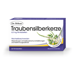 Verpackung von Traubensilberkerze mit 60 Filmtabletten zur Unterstützung bei Wechselbeschwerden.