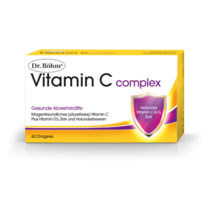 Verpackung von Dr. Böhm Vitamin C complex mit Hinweis auf gesunde Abwehrkräfte und Inhaltsstoffen.
