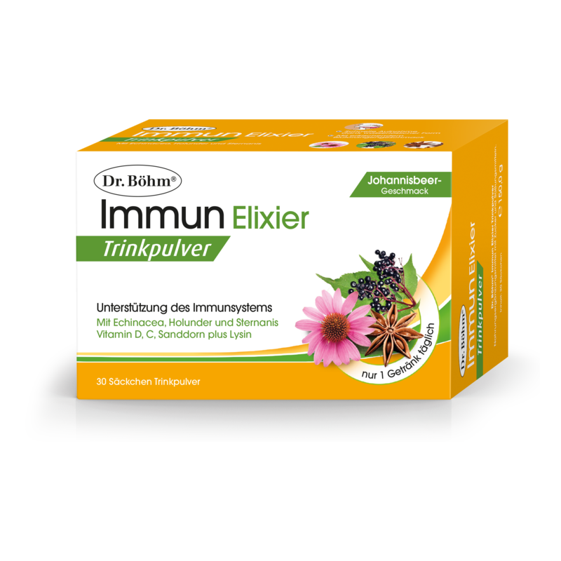 Verpackung von Dr. Böhm's Immun Elixier Trinkpulver mit Johannisbeergeschmack zur Unterstützung des Immunsystems.
