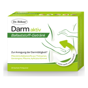 Verpackung des Produkts "Darm aktiv", ein Ballaststoff-Getränk zur Anregung der Darmtätigkeit.