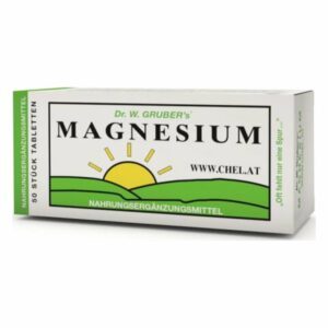 Verpackung für Magnesiumtabletten von Dr. W. Gruber mit grünem und gelbem Design sowie Sonnenmotiv.
