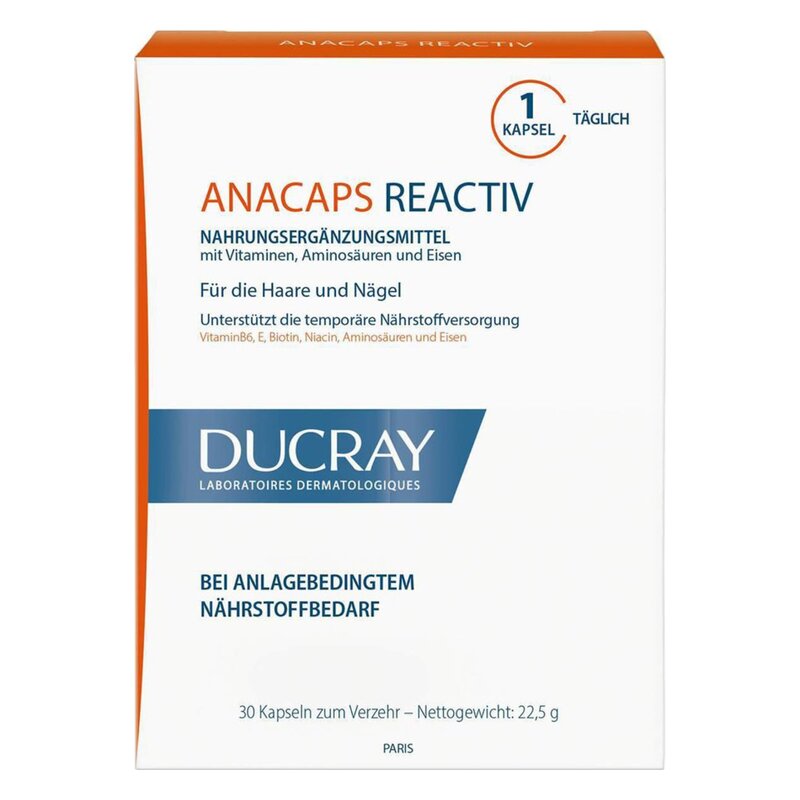 Verpackung von Anacaps Reactiv, einem Nahrungsergänzungsmittel für Haare und Nägel mit Vitaminen und Mineralstoffen.