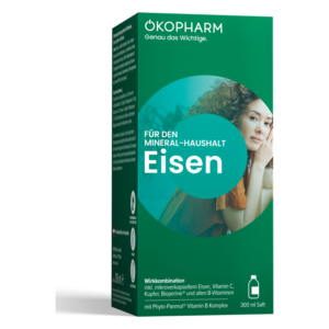 Verpackung des okopharm Eisenpräparats für den Mineralhaushalt, grün mit blauer Schrift und Abbildung einer Frau.