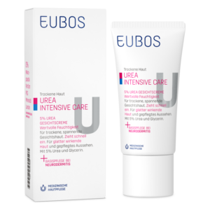 Tubenverpackung mit Gesichtscreme für trockene Haut, enthält 5% Urea und betont schnelle Feuchtigkeitsaufnahme.