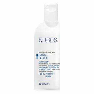 Flasche mit Hautbalsam von EUBOS für normale, trockene Haut, enthält 30% pflegende Lipide.