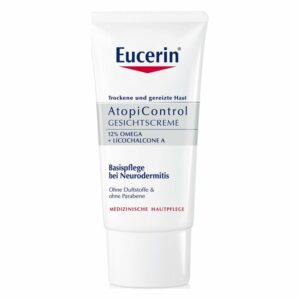 Eucerin AtopiControl Gesichtscreme in einer weißen Tube mit blauem Text, empfohlen bei Neurodermitis.