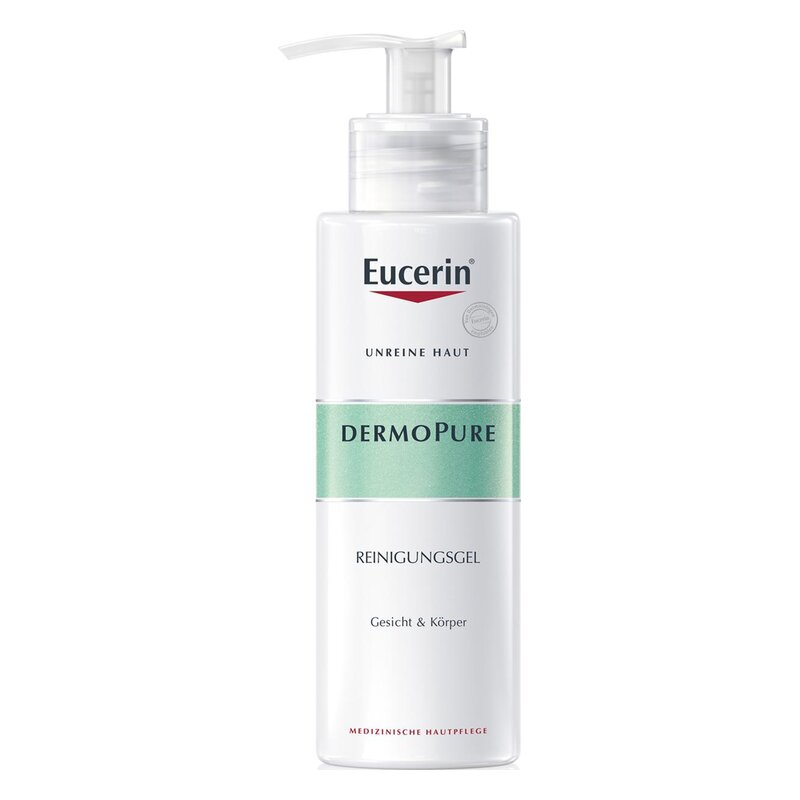 Eucerin DermoPure Reinigungs gel in einer weißen Flasche mit Pumpe, für Gesicht und Körper.