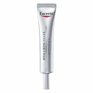 Eucerin Hyaluron-Filler Augenpflege in einer silbernen Tube mit Applikator, SPF 15, zur Pflege der Augenpartie.